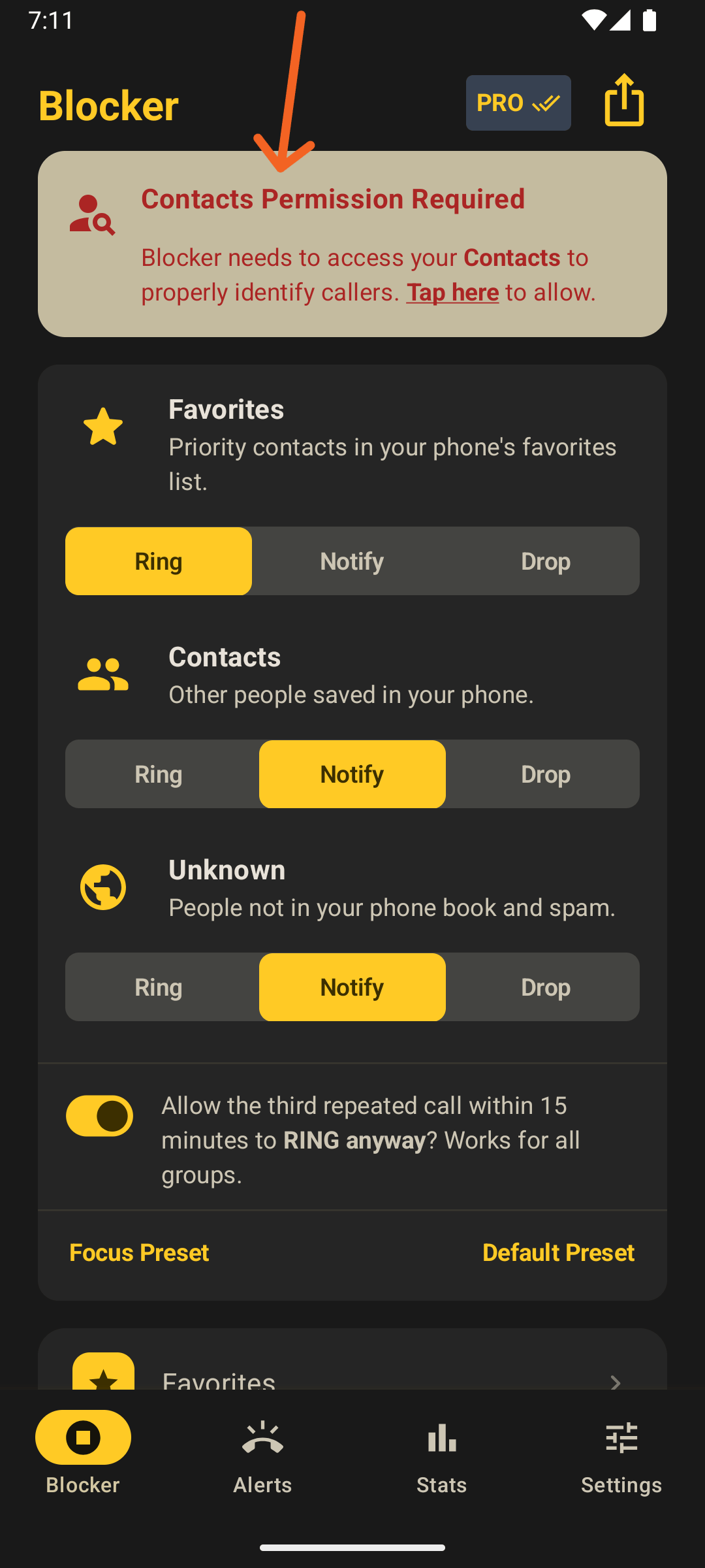 Blocker top banner asking for Contacts access permission