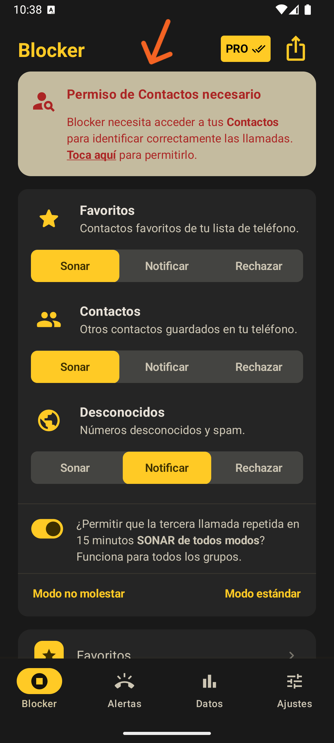 Banner superior de Blocker solicitando permiso de acceso a los Contactos