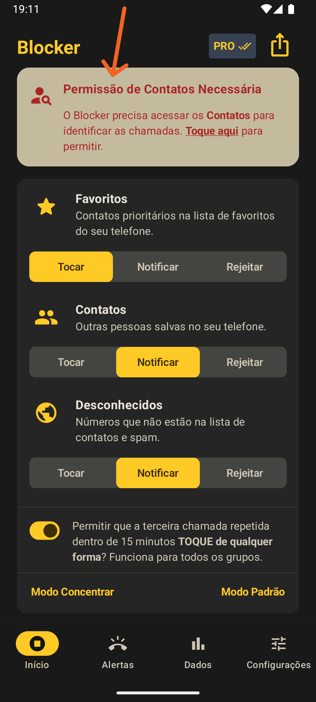 Banner superior do Blocker solicitando permissão de acesso aos Contatos
