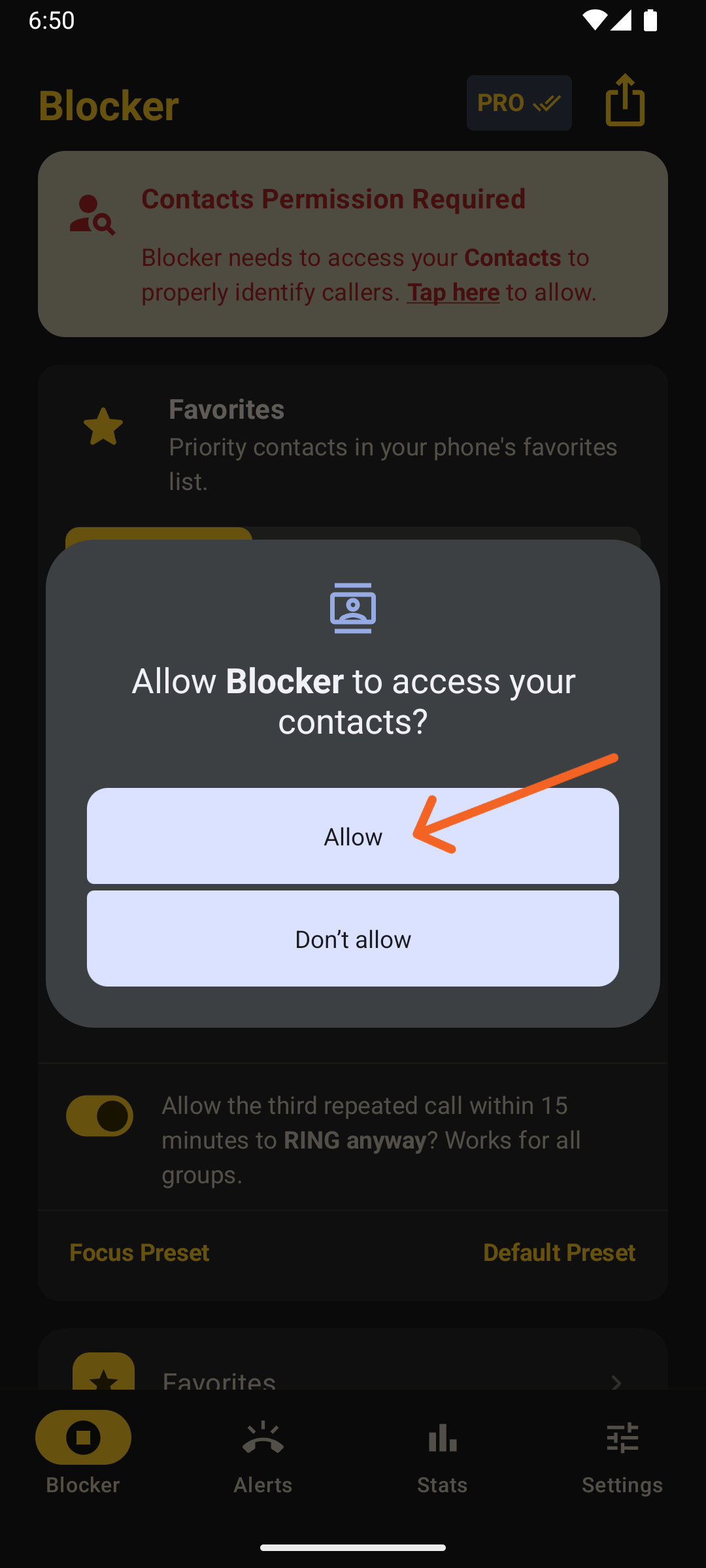 Android modal asking you to give Blocker the Contacts access permission