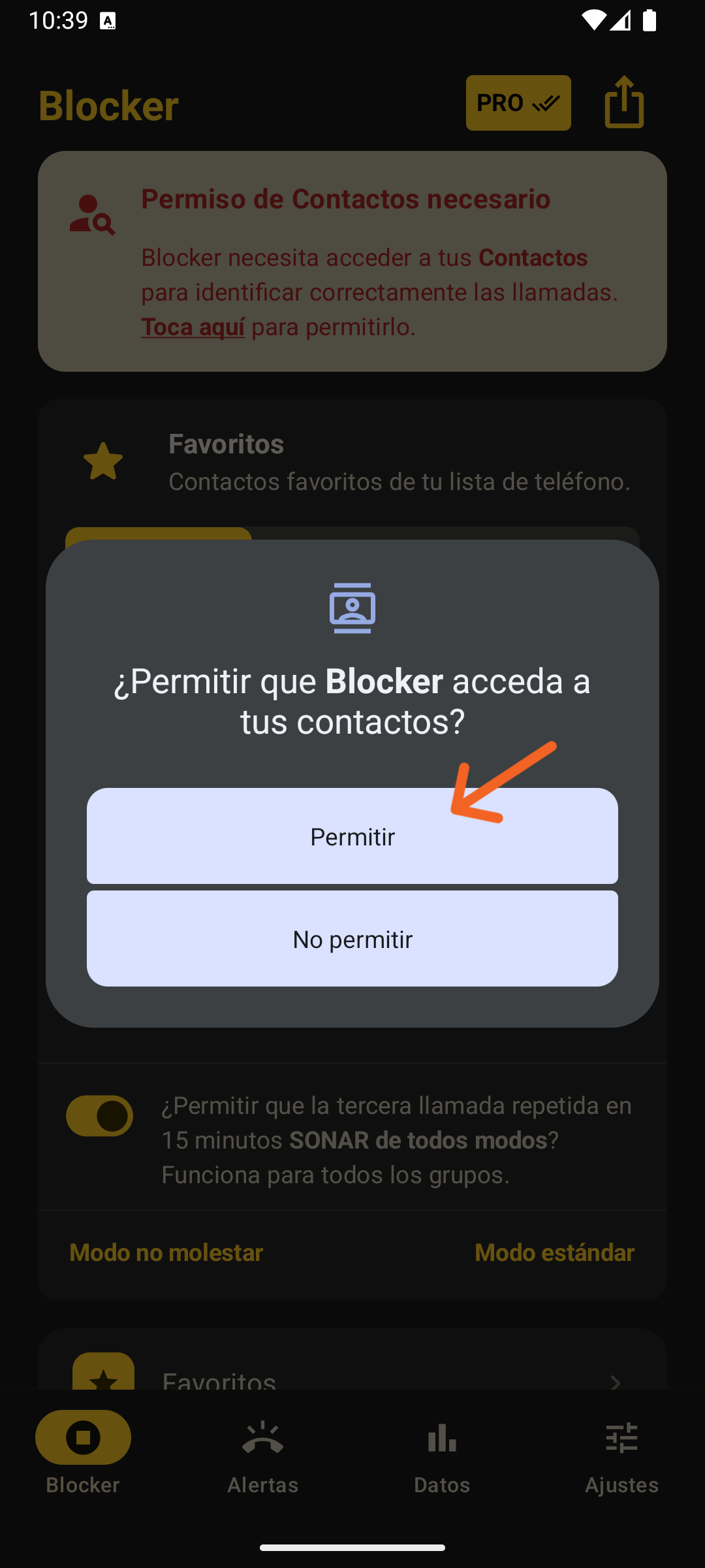 Ventana de Android pidiendo conceder a Blocker el permiso de acceso a los Contactos