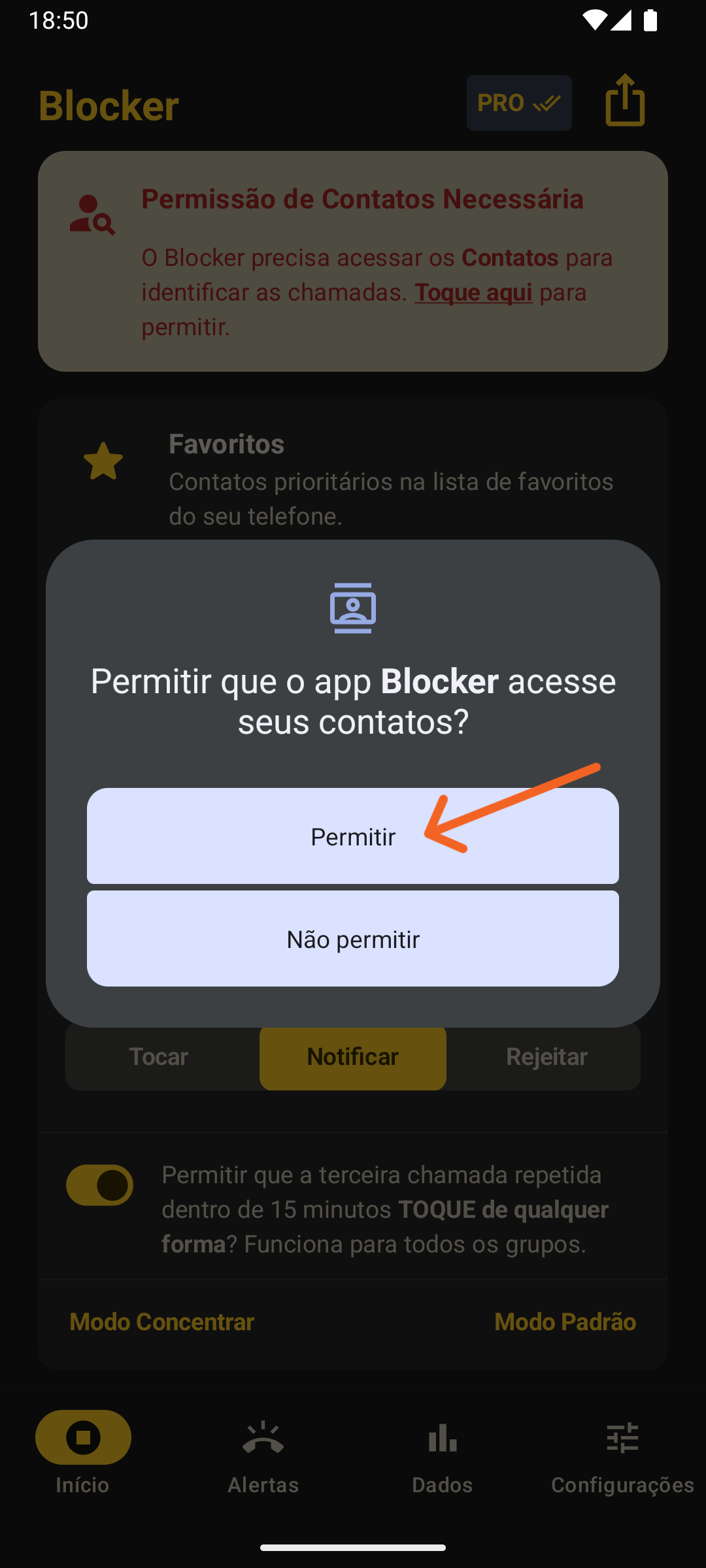 Modal do Android pedindo para conceder ao Blocker a permissão de acesso aos Contatos