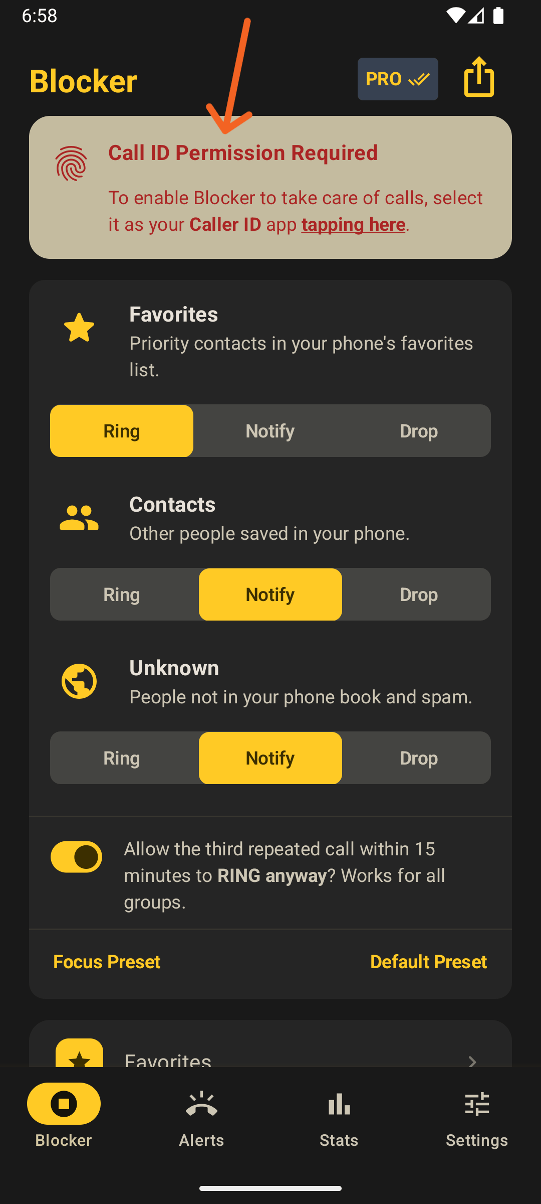 Blocker top banner asking to be the Caller ID app in your device