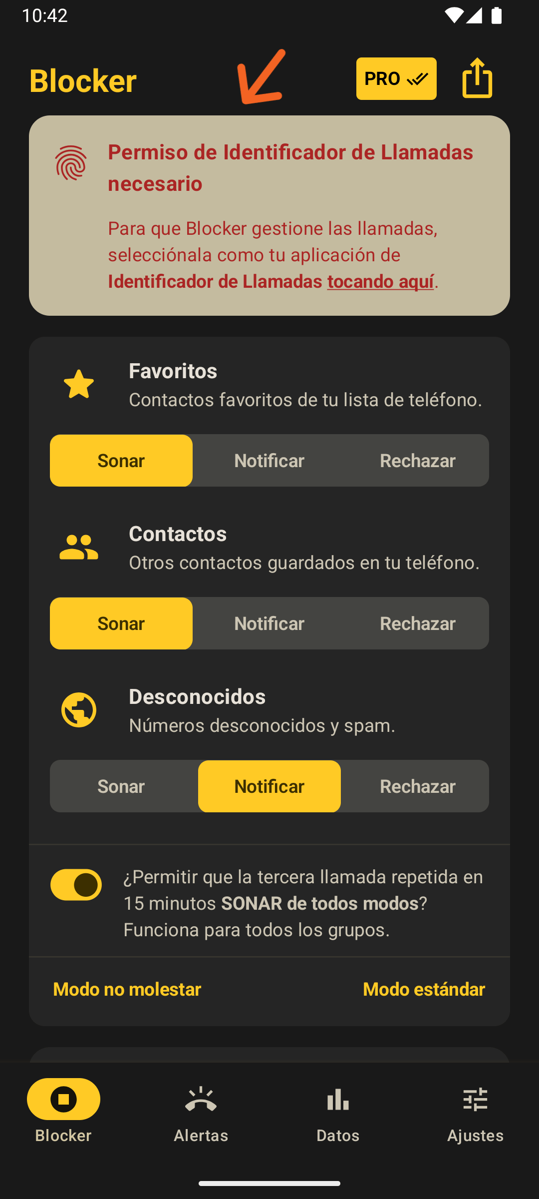 Banner superior de Blocker solicitando ser la app de identificación de llamadas