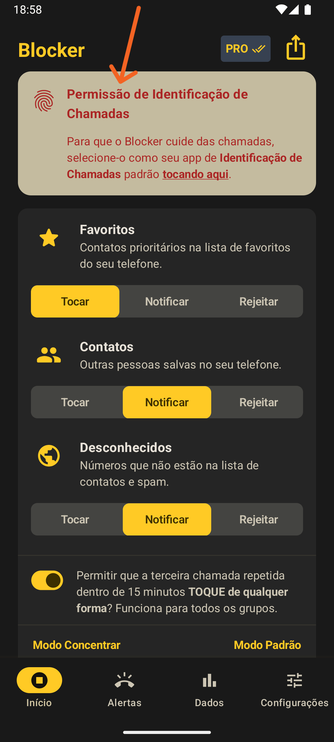 Banner superior do Blocker solicitando ser o app de Identificação de Chamadas no seu dispositivo