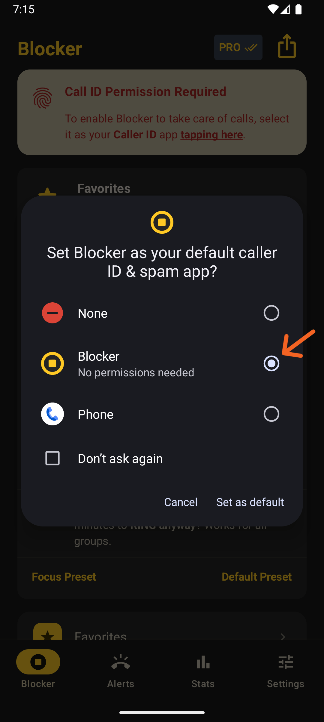 Android modal asking you to set Blocker as the Caller ID app