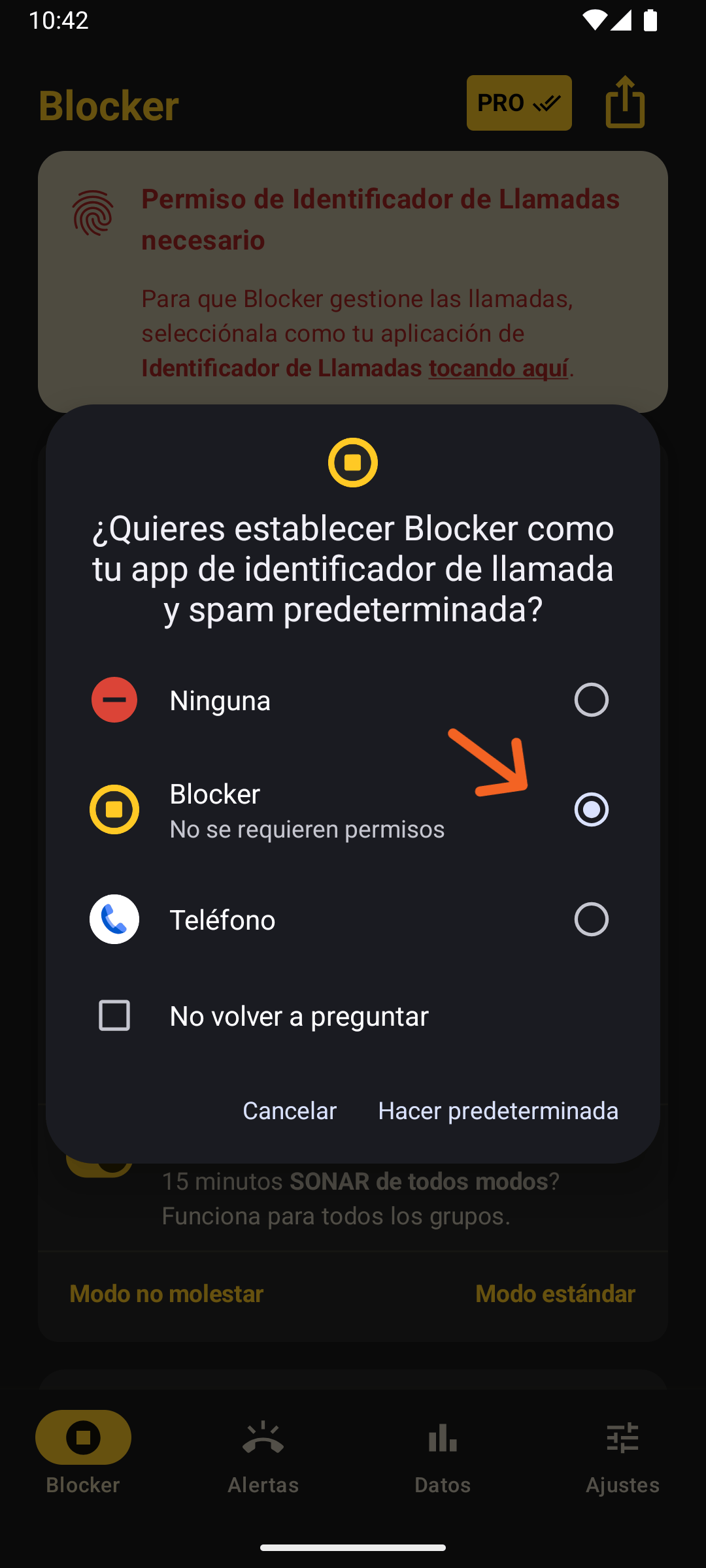 Ventana de Android pidiendo establecer Blocker como la app de identificación de llamadas