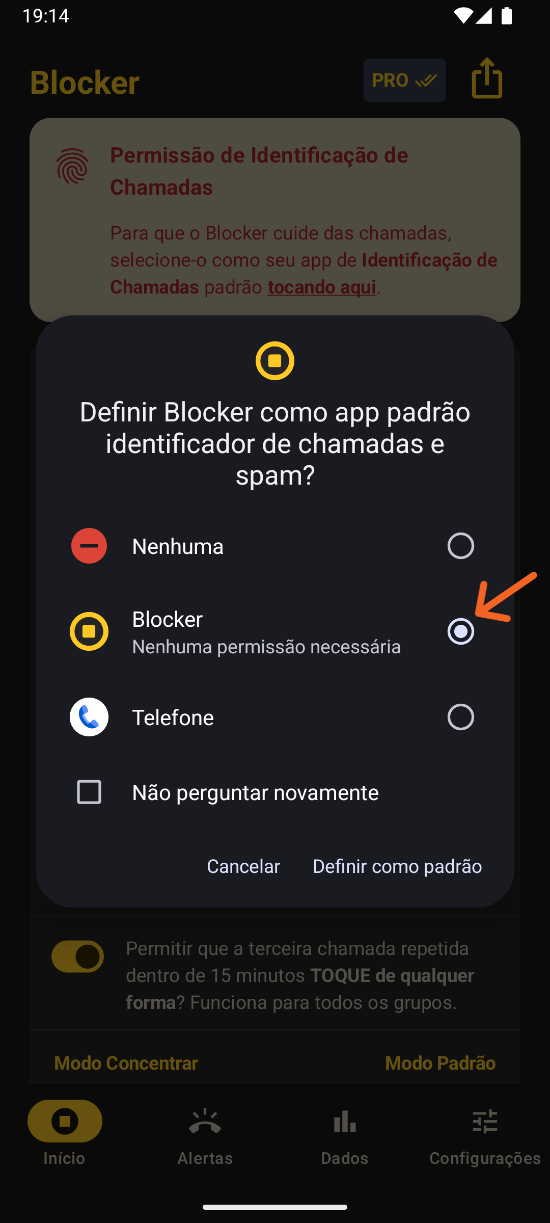 Modal do Android pedindo para definir o Blocker como o app de Identificação de Chamadas