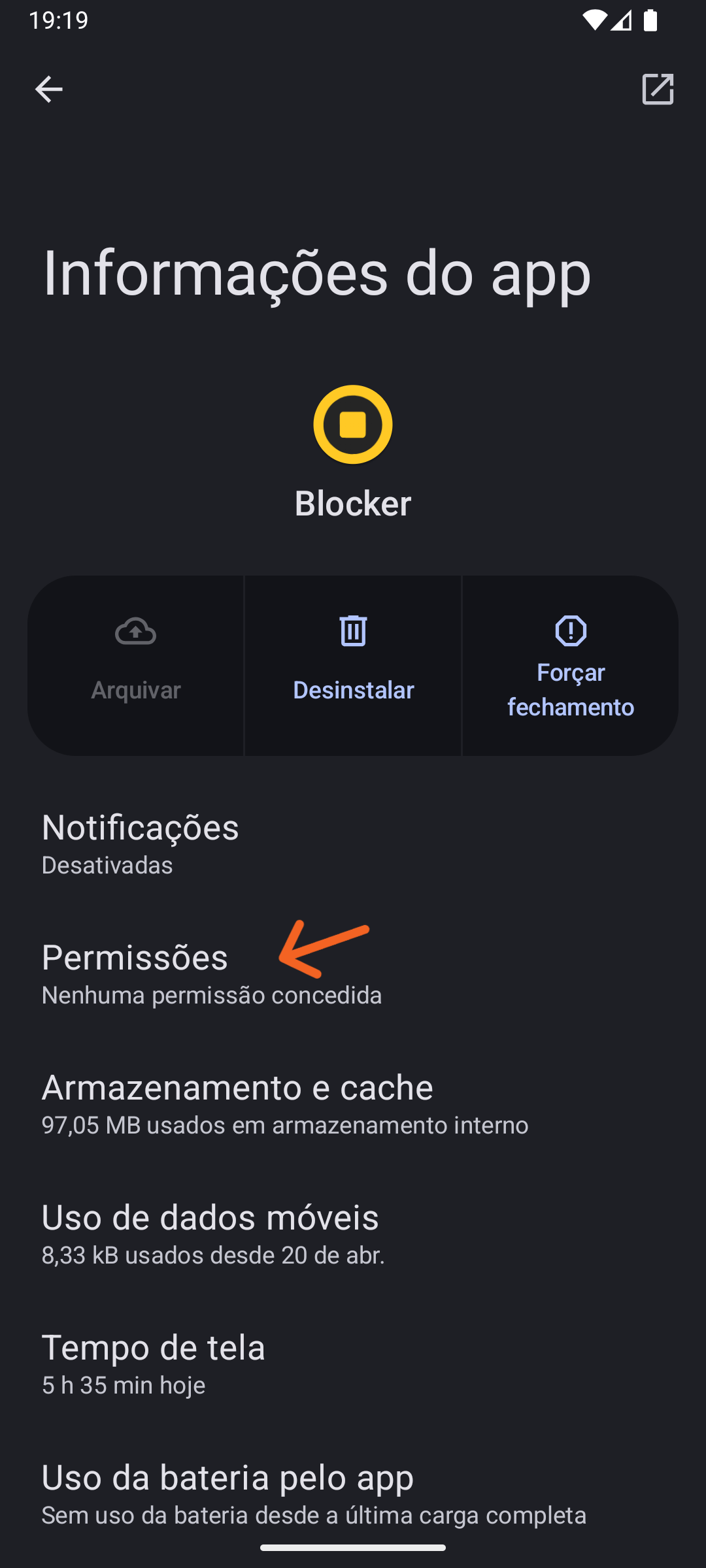 Tela/Ecrã de Configuração do Sistema para permitir acesso aos Contatos, passo 1
