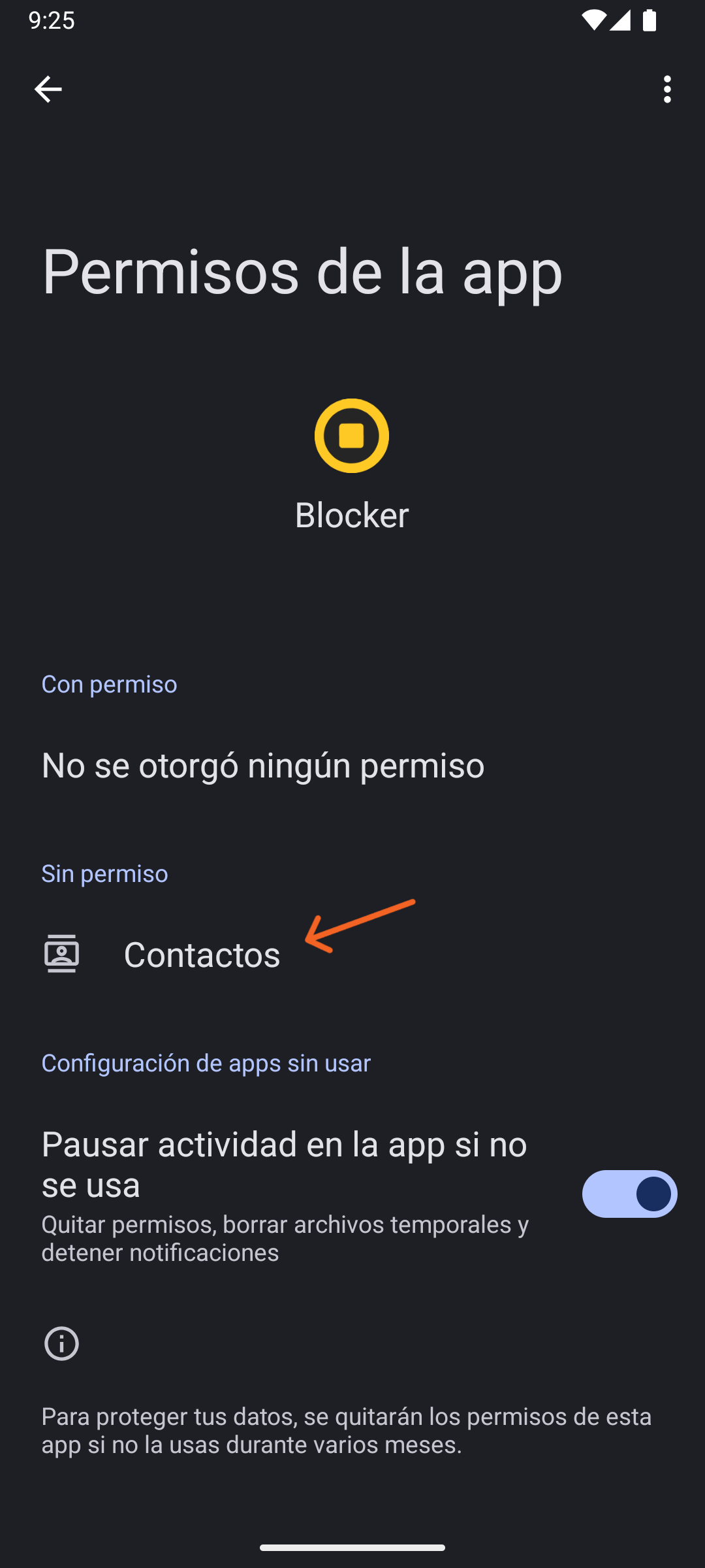 Pantalla de configuración del sistema para permitir acceso a los Contactos, paso 2