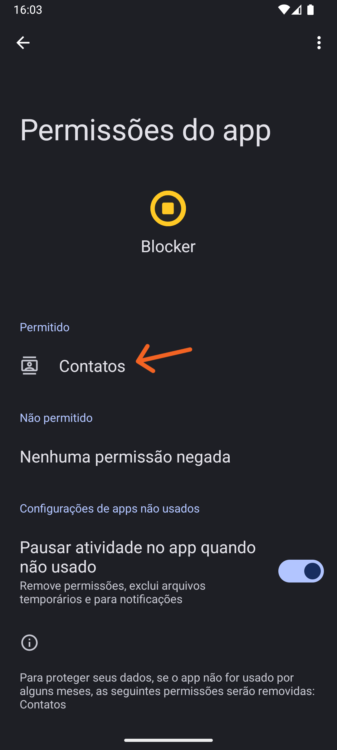 Tela/Ecrã de Configuração do Sistema para permitir acesso aos Contatos, passo 2