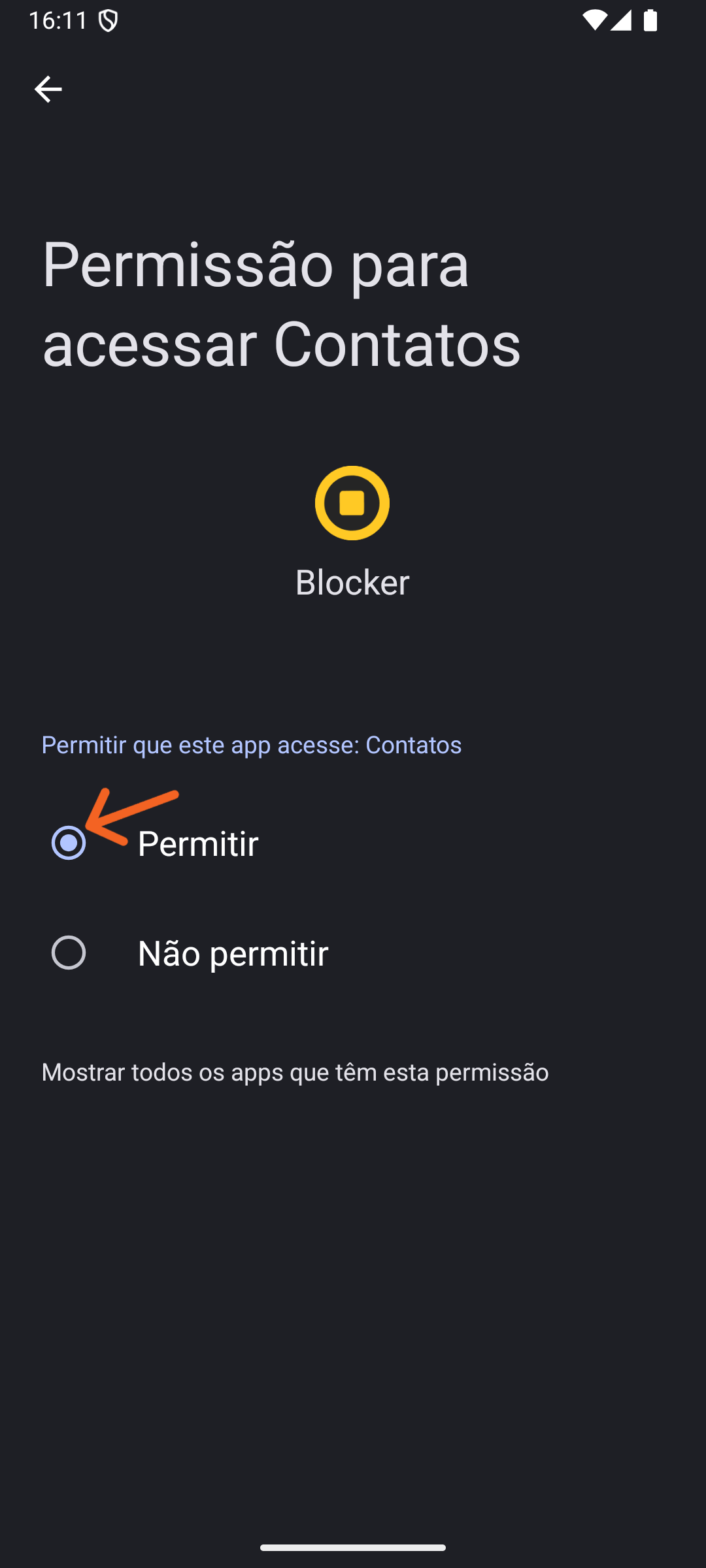 Tela/Ecrã de Configuração do Sistema para permitir acesso aos Contatos, passo 3