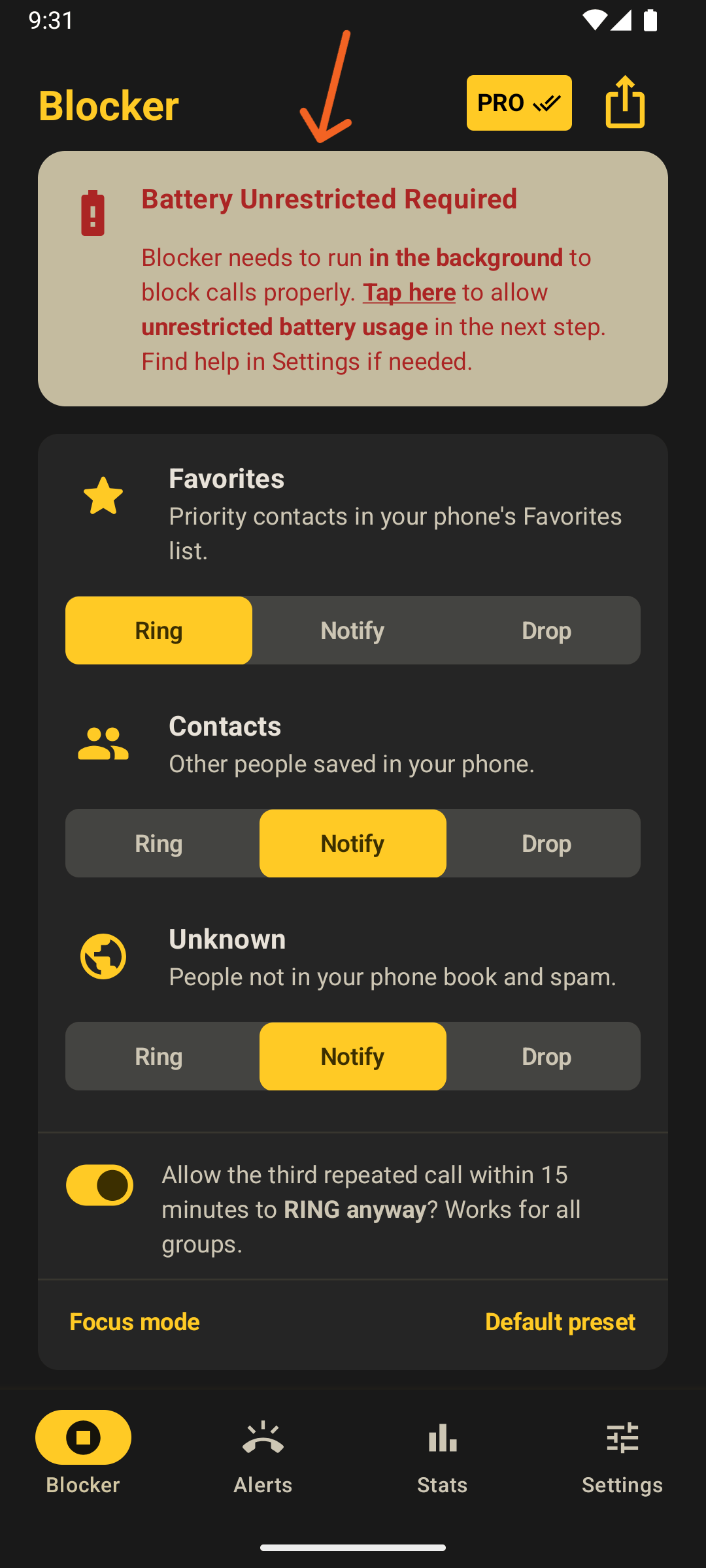 Blocker's top banner asking to allow unrestricted battery usage