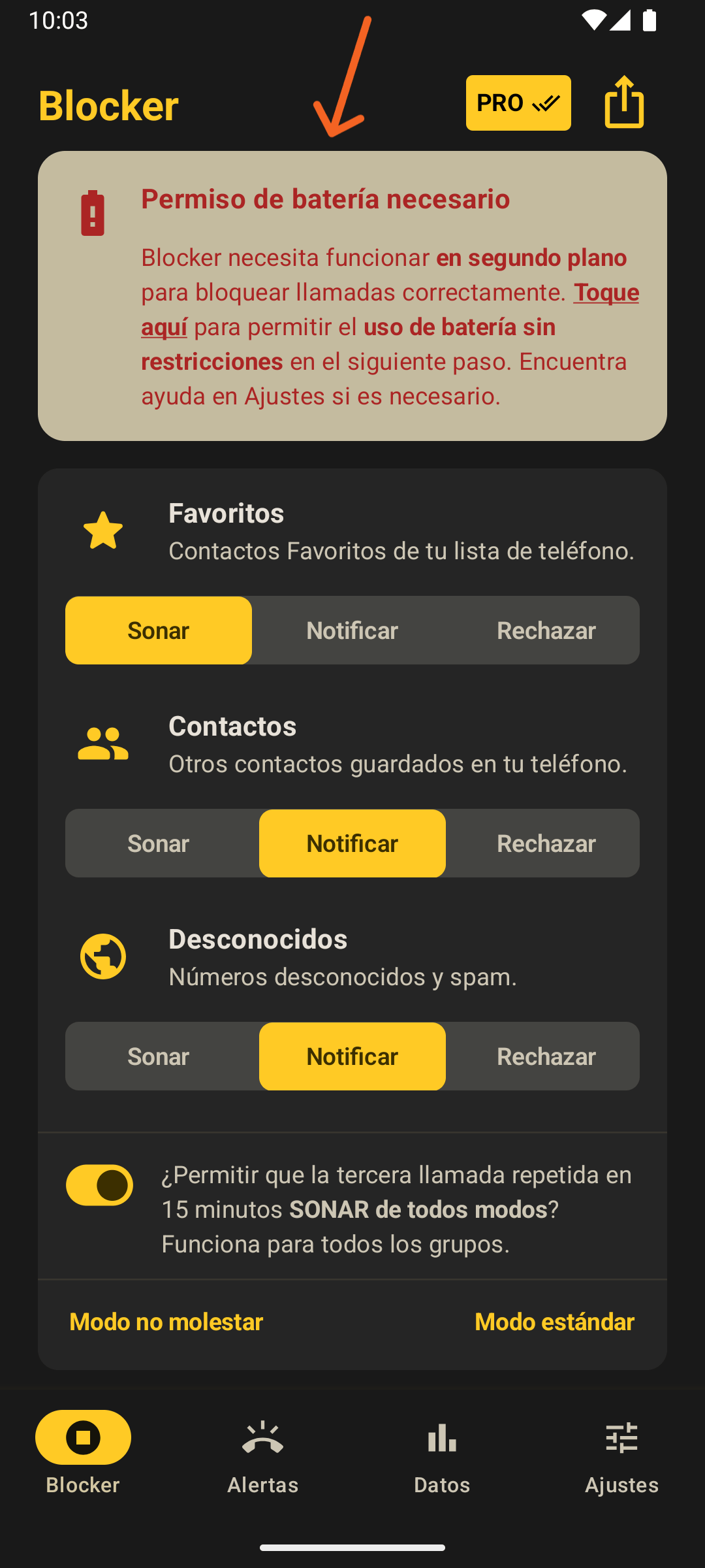 Banner superior de Blocker solicitando permitir el uso de batería sin restricciones