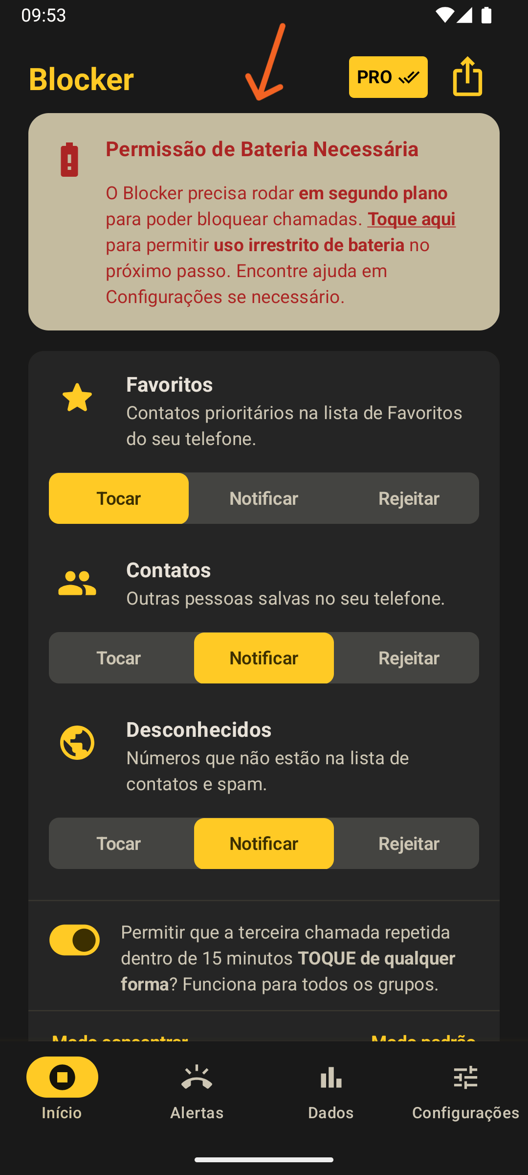 Banner superior do Blocker solicitando permissão para uso irrestrito da bateria