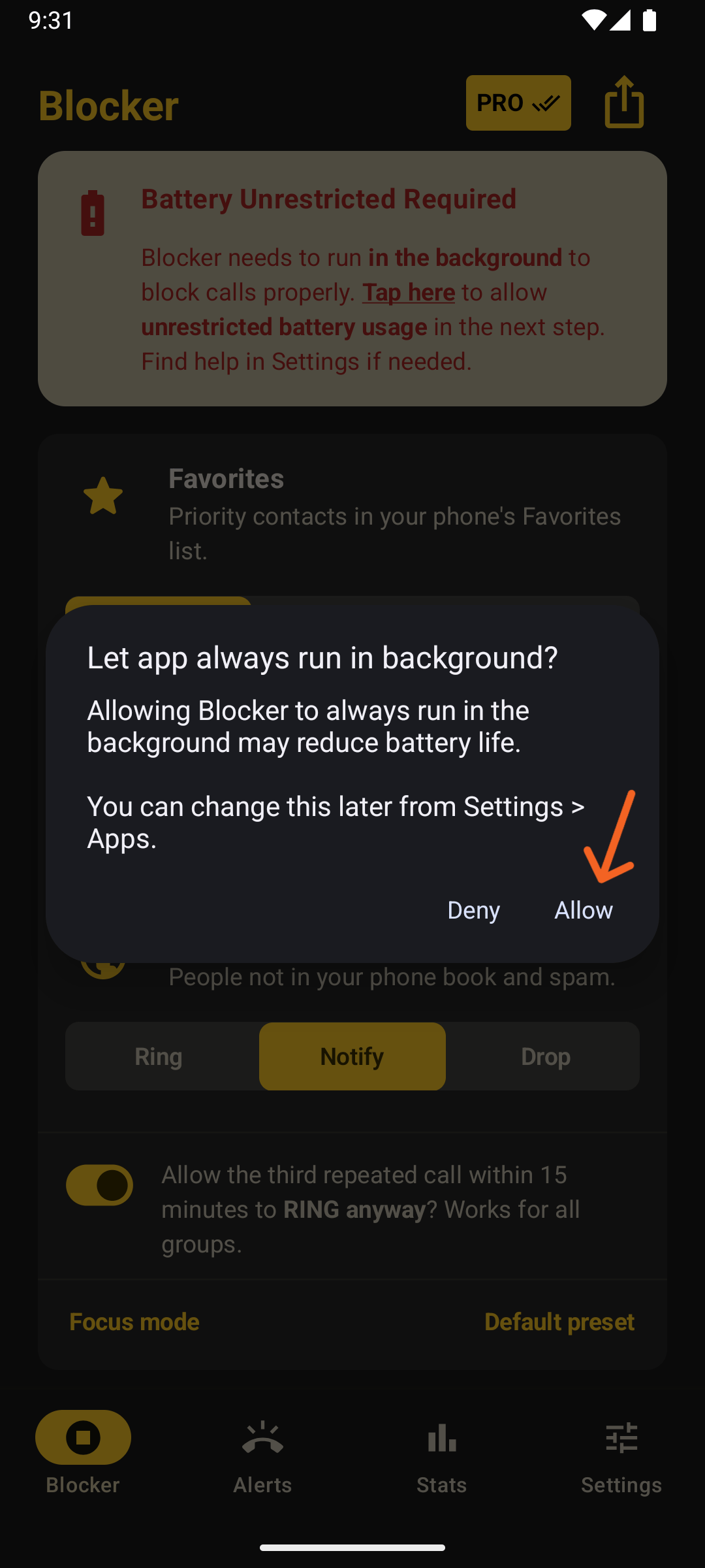 Android modal asking you to allow unrestricted battery usage for Blocker