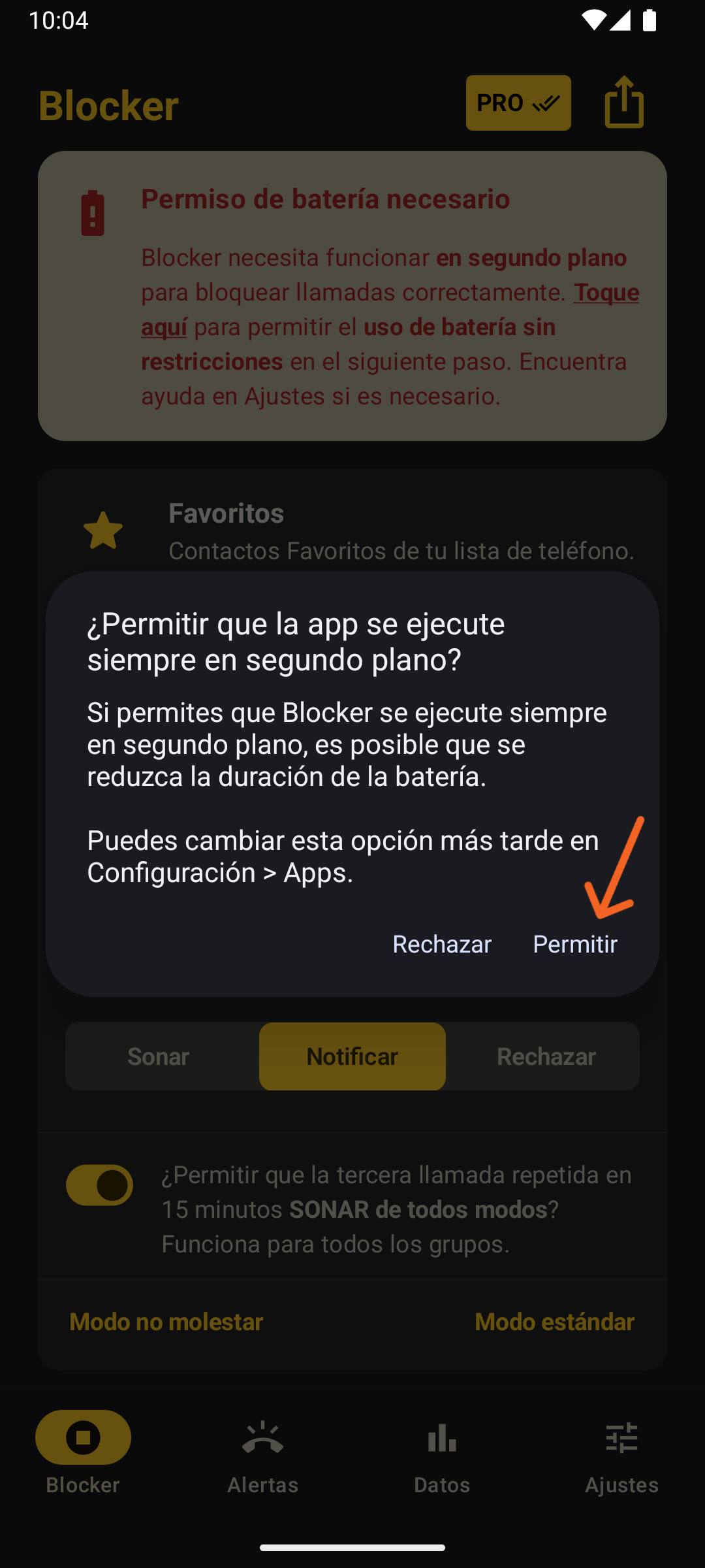 Ventana modal de Android solicitando permitir el uso de batería sin restricciones para Blocker