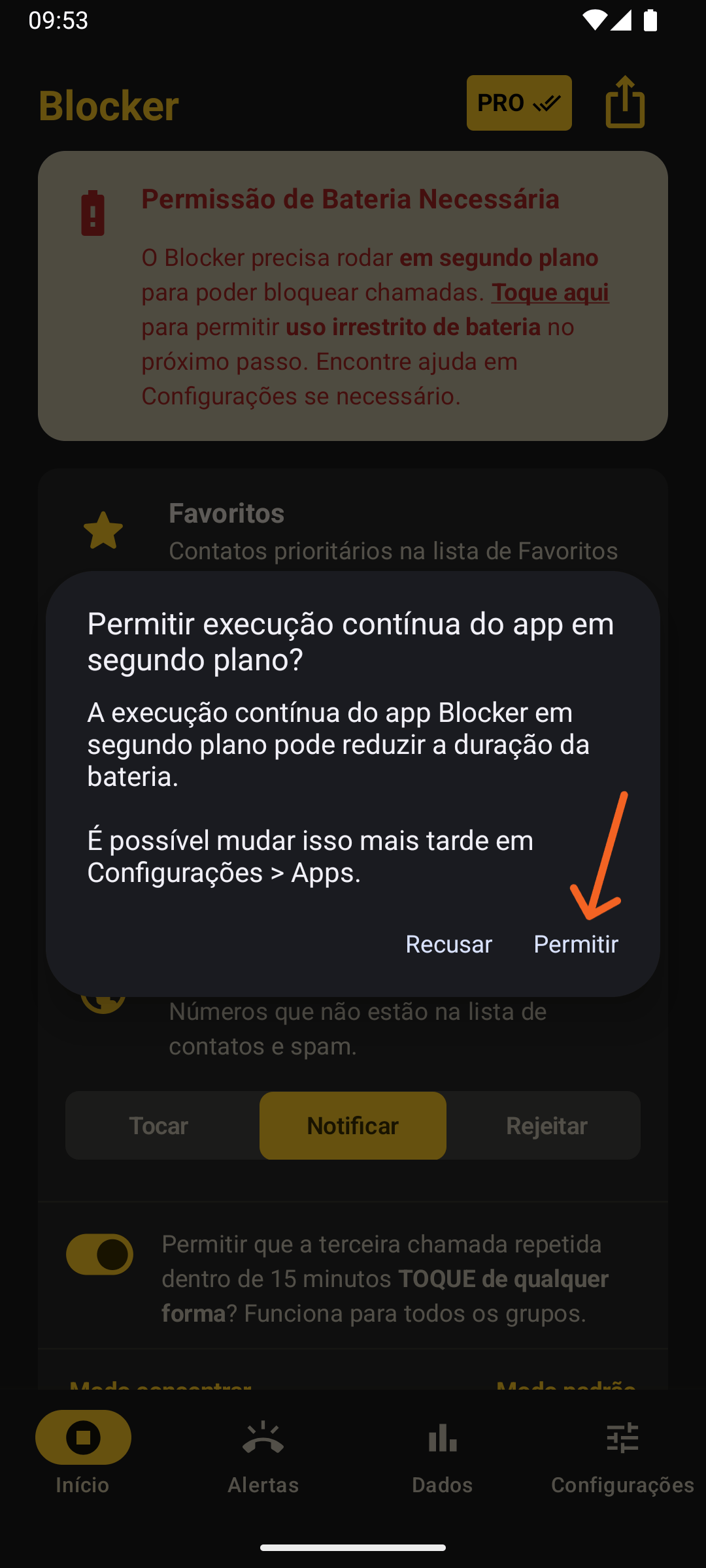 Janela modal do Android solicitando permissão para uso irrestrito da bateria para o Blocker
