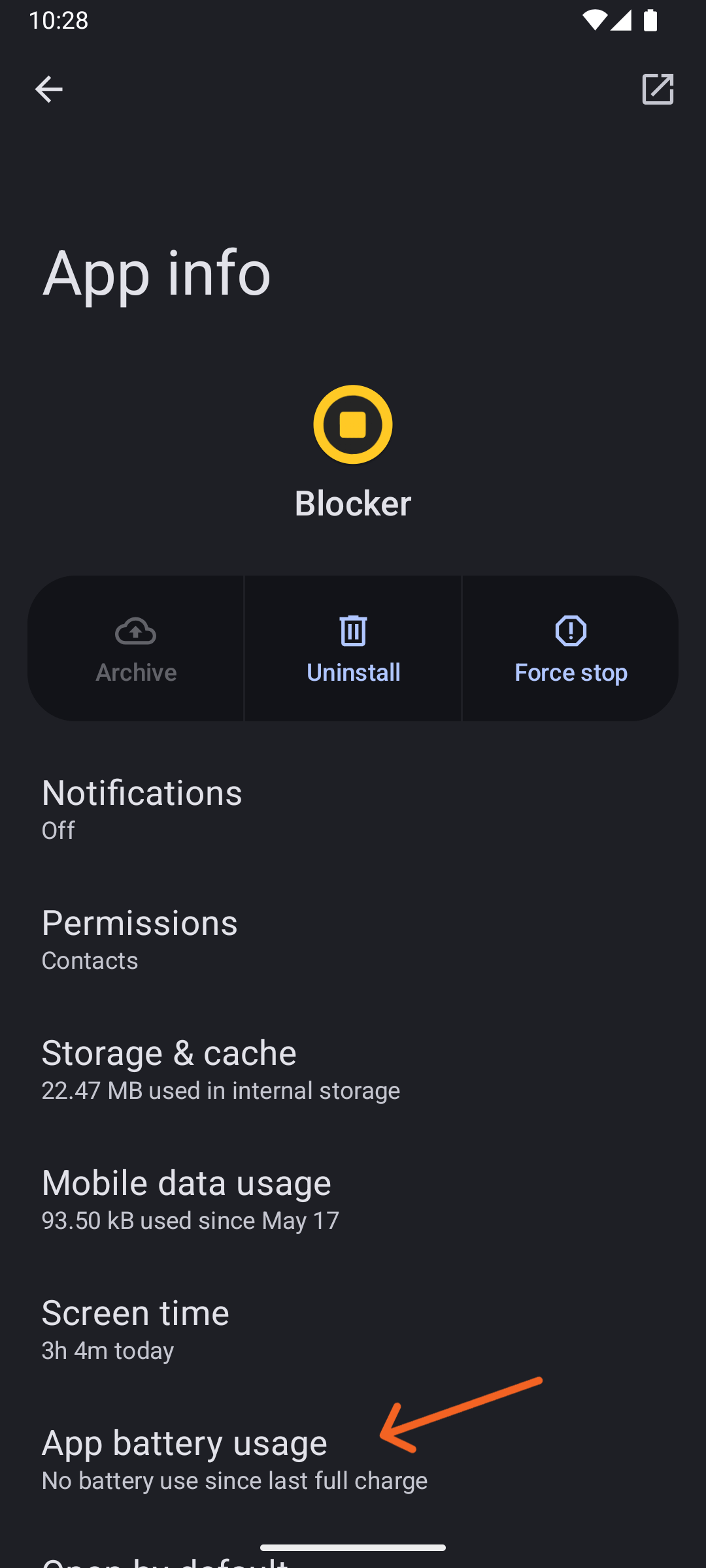 System app's setup screen (step 1) to allow unrestricted battery usage for Blocker
