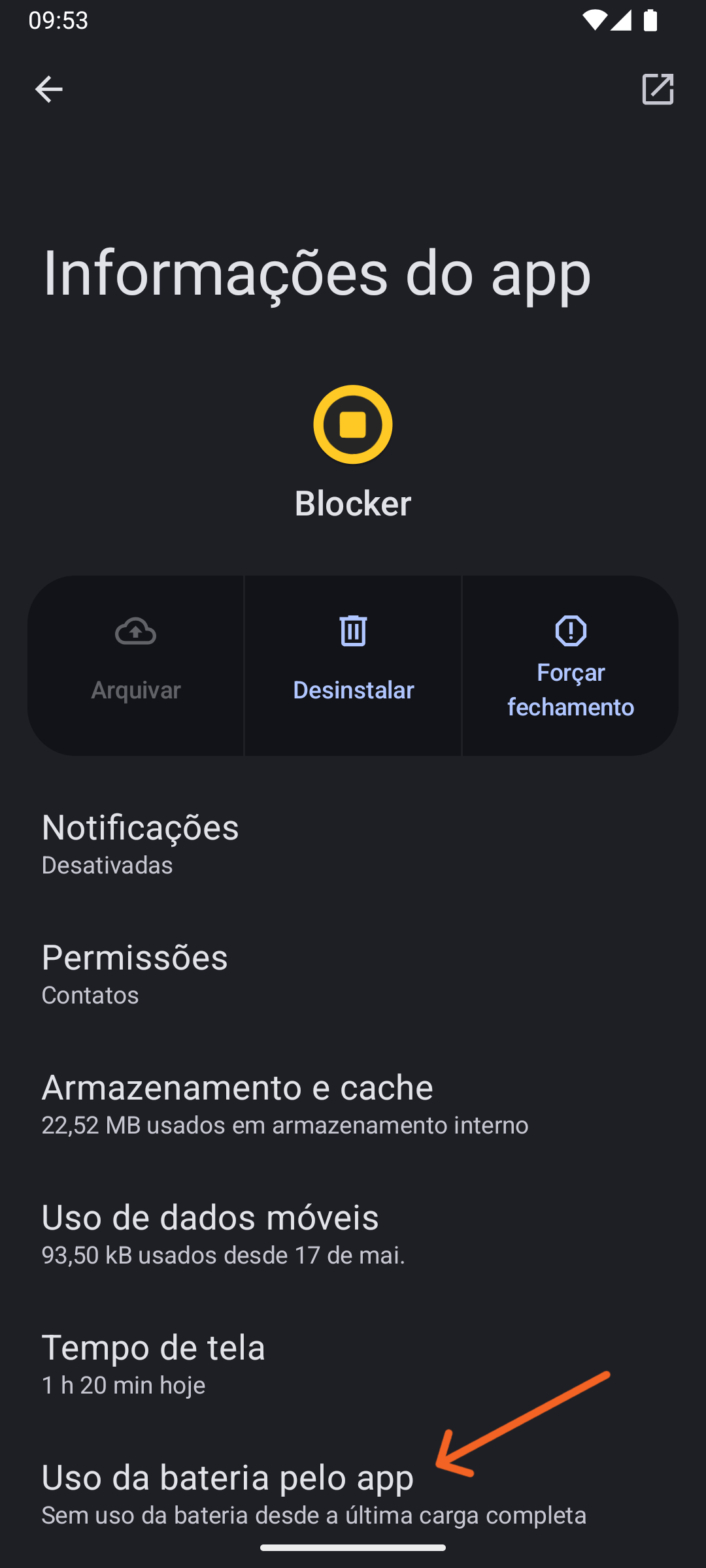 Tela de configuração do aplicativo do sistema (etapa 1) para permitir o uso irrestrito da bateria para o Blocker
