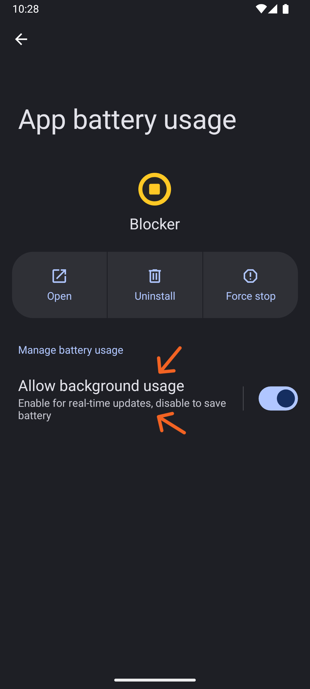 System app's setup screen (step 2) to allow unrestricted battery usage for Blocker