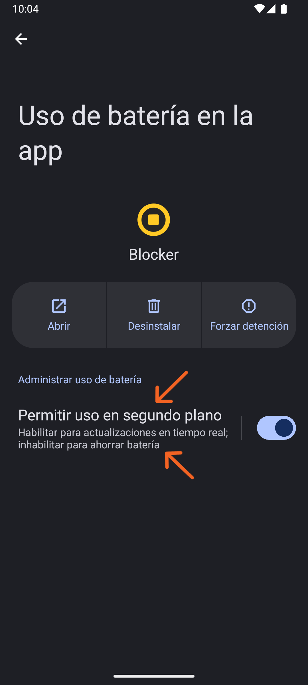 Pantalla de configuración de la aplicación del sistema (paso 2) para permitir el uso de batería sin restricciones para Blocker