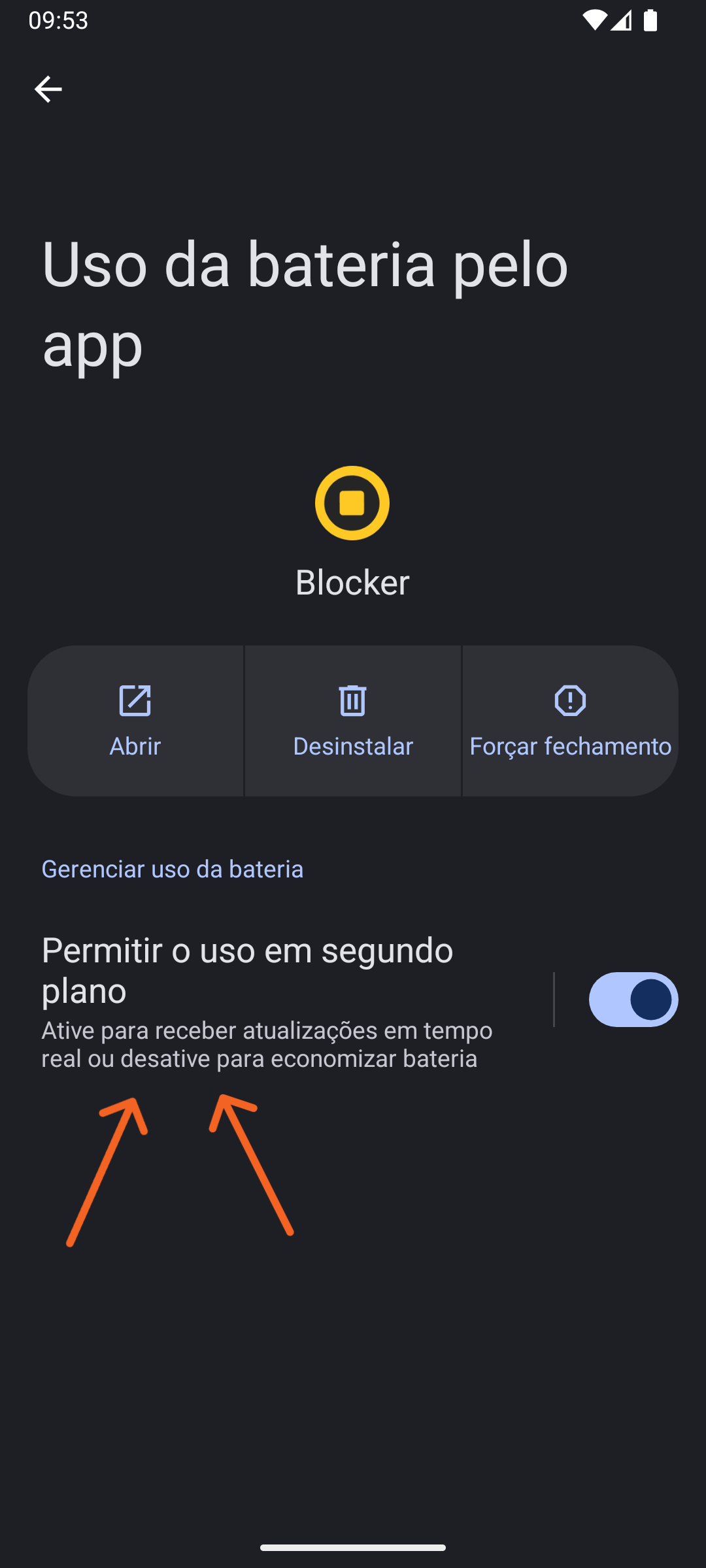 Tela de configuração do aplicativo do sistema (etapa 2) para permitir o uso irrestrito da bateria para o Blocker
