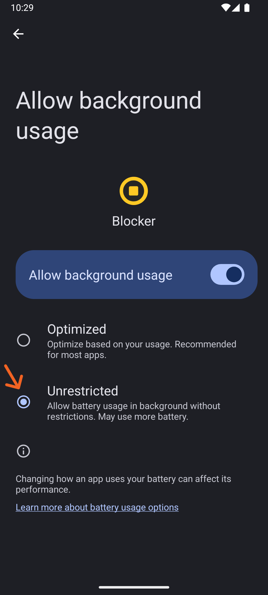 System app's setup screen (step 3) to allow unrestricted battery usage for Blocker