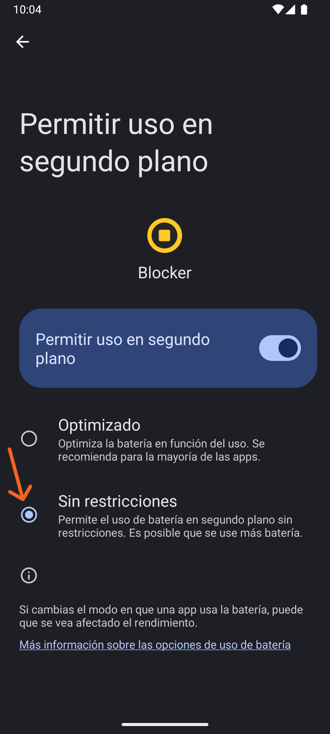 Pantalla de configuración de la aplicación del sistema (paso 3) para permitir el uso de batería sin restricciones para Blocker